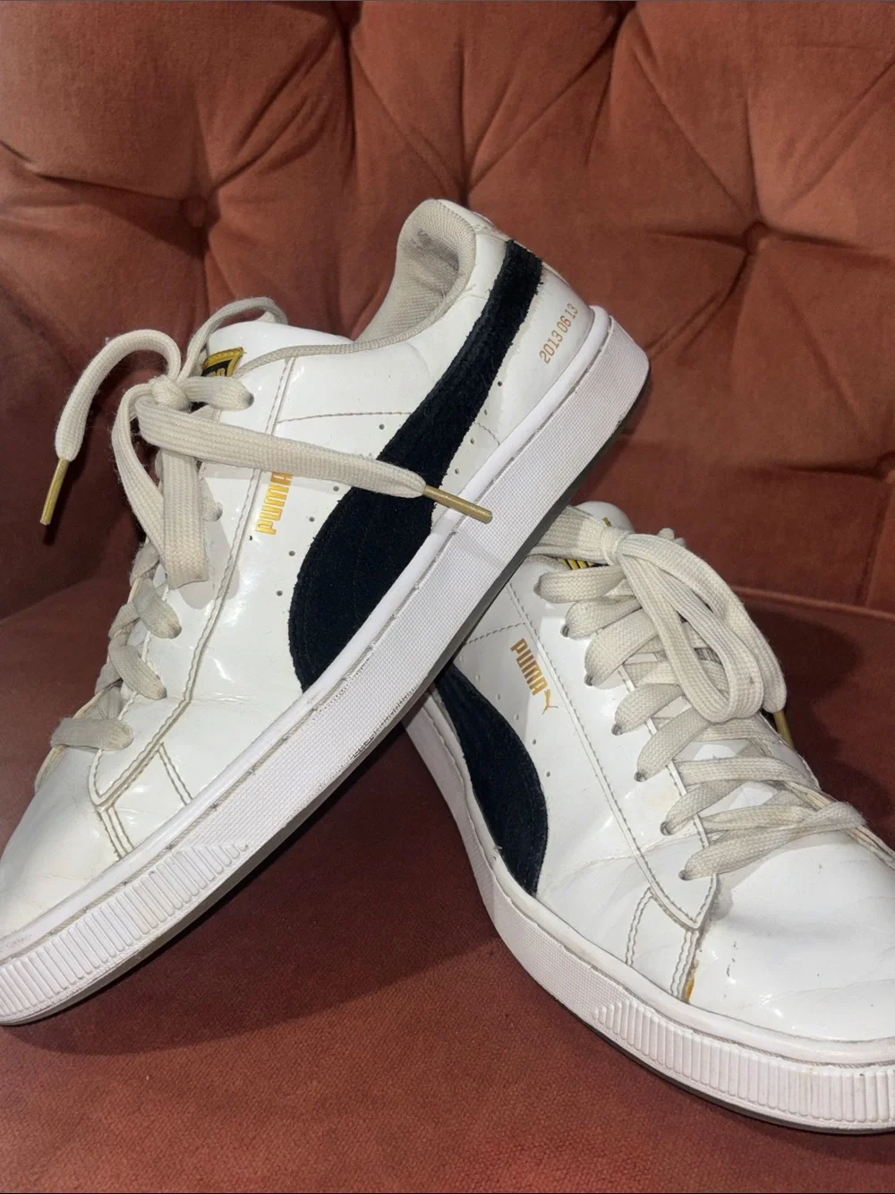 BTS X Puma basket white patent leather low top sneakers flower sole men’s 7.5